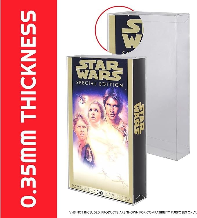 EVORETRO VHS Cassette Tape Display Protector Case - 0.35 mm Thick Clear PET Plastic Display Case Compatible with Star Wars, Disney, Jurassic Park, Titanic Movie Collection Storage (25 Pack)