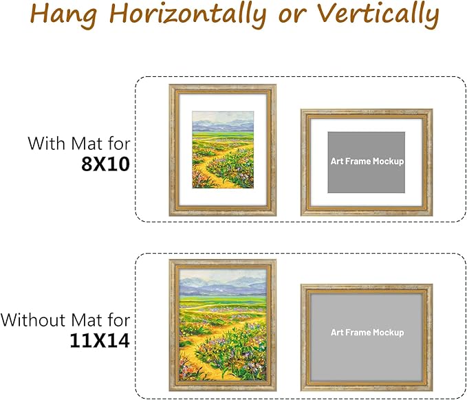 Golden State Art,11x14 Ornate Picture Frame for 8x10 Photo with Mat or 11 x 14 Prints Without Mat, Real Glass Wall Display Horizontally or Vertically (Color:Vintage Gold)