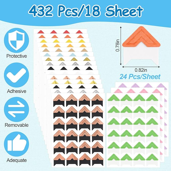 432 Pcs Photo Corners, Self Adhesive Picture Corners, Acid Free Corner Stickers for Scrapbooking, Photo Mounting Corners for DIY Scrapbook, Photo Album, Memory Books (Mixed Colors)