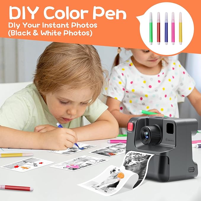 Instant Print Camera for Kids, 1080P Kids Instant Cameras,HD Digital Video Cameras Toddler 3 Print Paper & 32G Card,Christams Birthday Gifts for Girls Boys Age 3-12 (Black)