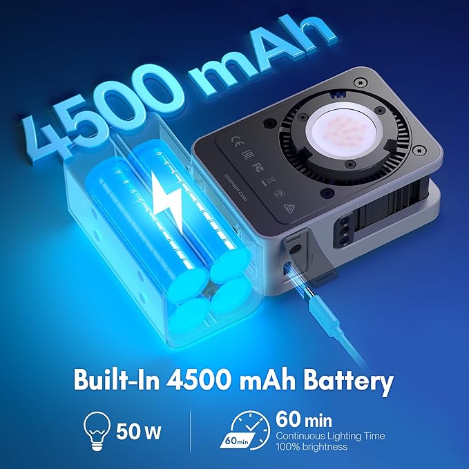 ZHIYUN CINEPEER CX50, 50W RGB Video Light, Full Color 2700K-6500K Portable Camera Light, TLCI/CRI96+, APP Control with Grip Battery, 18 Creative Effects for Video Recording/Portrait Shooting