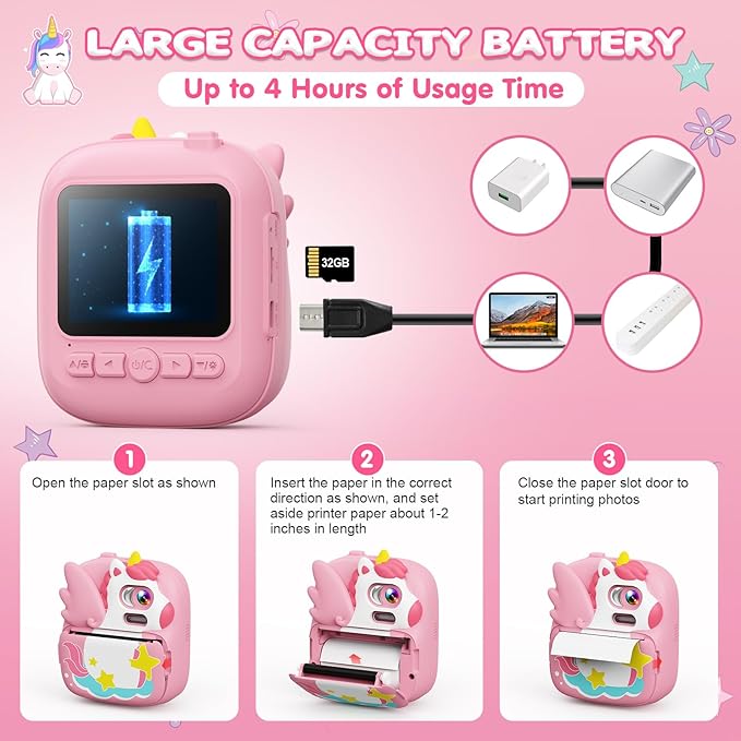 Kids Camera Instant Print, 12MP & 1080P Instant Camera for Kids with 32G Card & Print Paper, Selfie Digital Video for Toddler,Christmas Birthday Gifts for Girls Boy Age 3-12 (Pink)