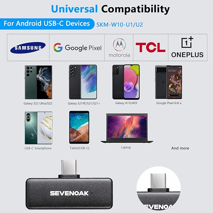 Sevenoak Wireless Lavalier Microphone for Android USB-C Phone Plug Play Type-C Mic for iPhone 15 Noise Cancellation Compact Cordless Clip on Mic for Video Recording Live Streaming Podcasting
