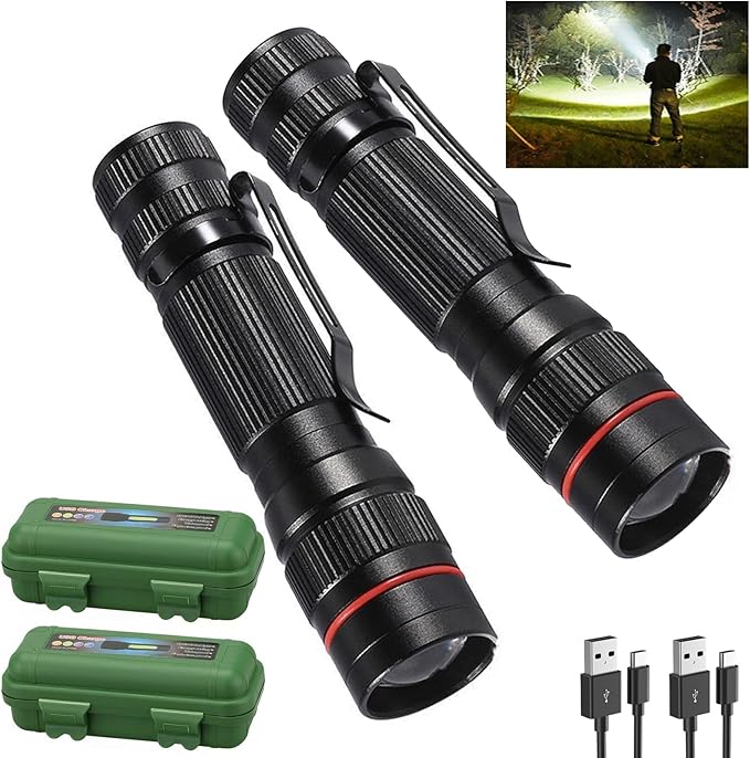 Flashlight Rechargeable 2 Pack, High Lumens LED flahlight, Super Bright Small Flash Light, Mini Pocket Torch, Zoomable Portable Keychain Flashlights for Camping, Emergencies, Travel, Home