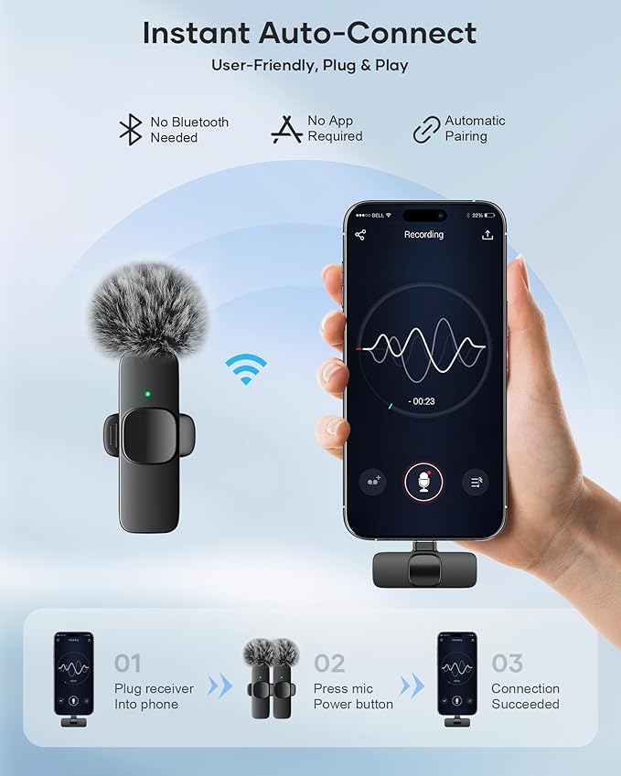 Wireless Lavalier Microphone for iPhone iPad and Android Phone, 2 Pack Lapel Mic Plug and Play Wireless Mic Noise Reduction Microphone for Video Recording Interview Podcast (Black)