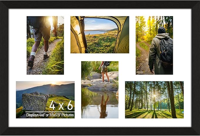 4x6 Picture Frame Collage 6 Openings, Multi Photo Collage Frame 11.5x17.5 Gallery Wall Decor Wooden, Black Frame with White Mat, Wood
