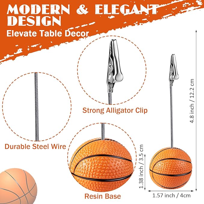 Jetec 12 Pcs Resin Sports Ball Base Memo Clips with Alligator Wire Table Number Card Place Holders Photo Stand for Office Menu Wedding Party Events Decoration(Basketball)