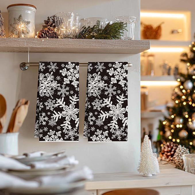 Artoid Mode Black Snowflakes Winter Kitchen Towels, 18x26 Inch Quick Dry Microfiber Cloth Dish Towels for Kitchen Drying Set of 2