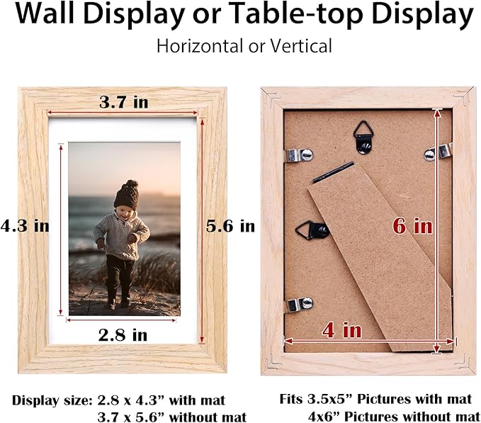 KINLINK 4x6 Frame Natural, Solid Wood 4 x 6 Picture Frame with Acrylic Plexiglass for 3.5x5 with Mat, Tabletop and Wall Display Photo Frames 4x6 Natural, 4 Pack
