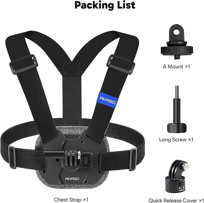 AKASO Quick Release Adjustable Chest Mount Harness Strap for GoPro Hero 13 12 11 10 9, EK7000/EK7000 Pro, V50 X, Brave 4/4 Pro/7 LE/7/8 Action Cameras