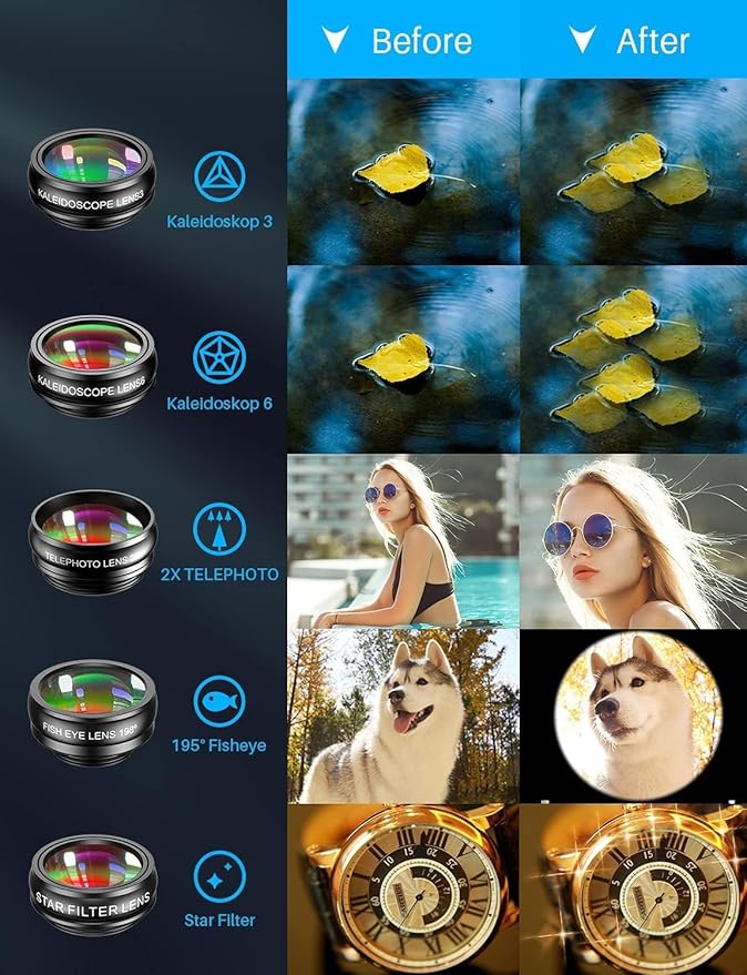 MIAO LAB 10 in 1 Cell Phone Camera Lens Kit, Wide Angle Lens & Macro Lens+Fisheye Lens+Telephoto Lens+CPL/Flow/Radial/Star Filter+Kaleidoscope 3/6 Lens for iPhone Samsung Sony and Most of Smartphone