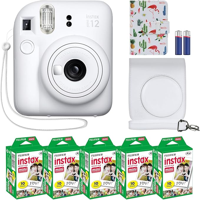 Fujifilm Instax Mini 12 Instant Camera + MiniMate Accessory Bundle & Compatible Custom Case + Fuji Instax Film Value Pack (50 Sheets) Flamingo Designer Photo Album (Clay White)