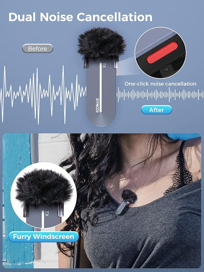 SYNCO P2L Wireless Lavalier Microphone for iPhone, Dual Mic Noise Reduction, Charging Case, Plug Play, 2.4GHz, 45mins Shooting Time