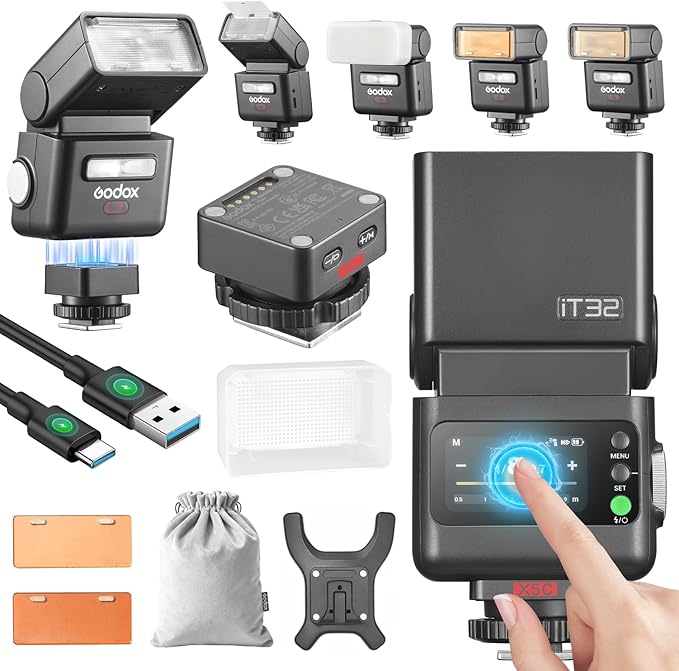 Godox IT32 TTL Camera Flash for Canon with X5C Trigger & Diffuser kit,Magnetic Hotshoe & Trigger 2-in-1,2.4G Wireless,HSS 1/8000s,GN18,LED Modeling Lamp,Colorful Touch Screen,Rotatable Flash Head