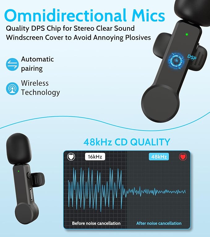 Wireless Lavalier Microphone for iPhone 15 Android iPad - Cordless USB-C Mic for Video Recording Vlog, Crystal Clear Sound, Noise Reduction