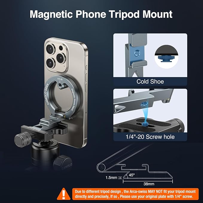 Magnetic Phone Tripod Mount Mini Compatible with Magsafe iPhone 17/16/15/14/13 Series, MG-01 Aluminum Tripod Mount Adapter with 1/4”-20 & Cold Shoe