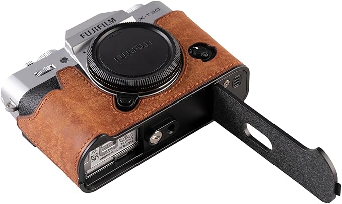 Handmade Genuine Leather Camera Half Case for FUJIFILM X-T30III /FUJIFILM X-T30III Camera Case/FUJIFILM X-T30III Case - Top Layer Cowhide Body + Metal Base Plate (Matte-Yellow-Brown)