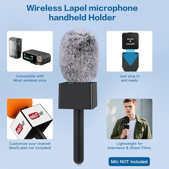 ZealSound Mic Handle for DJI Mic Mini/2/3, RODE Wireless GO 2/3, Hollyland Lark M1/C1, BOYA Mini & More, Wireless Lavalier Microphone Holder for Interviews, Vlogging, YouTube, TikTok, Reporting