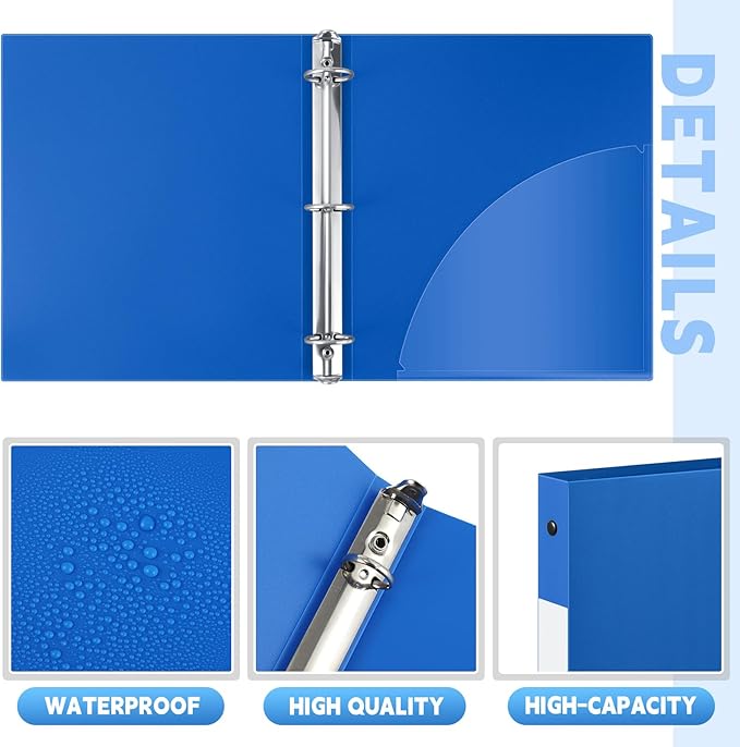 Henoyso 8 Pcs 3 Ring Binder 1/2'' Round Fits Letter Size 8.5'' x 11'' Paper Plastic Flexible Binder Holds 140 Sheets with 1 Pockets Versatile Organizer for Home Office School (Blue)