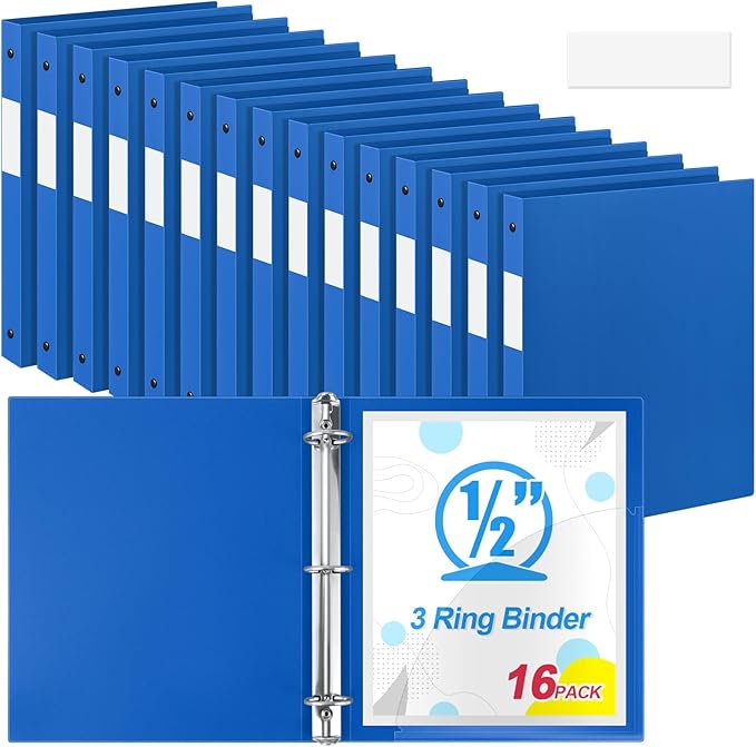 Henoyso 16 Pcs 3 Ring Binder 1/2'' Round Fits Letter Size 8.5'' x 11'' Paper Plastic Flexible Binder Holds 140 Sheets with 1 Pockets Versatile Organizer for Home Office School (Blue)