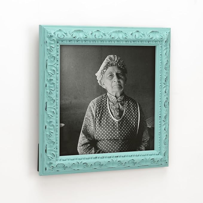 8x8 inch Distressed Wood Embossed Scroll Motif Vintage Antique Rustic Picture Frame, White Mat for 5x5 in Photo, Art Print Drawing, Wall Hanging or Desktop Display-Turquoise Blue