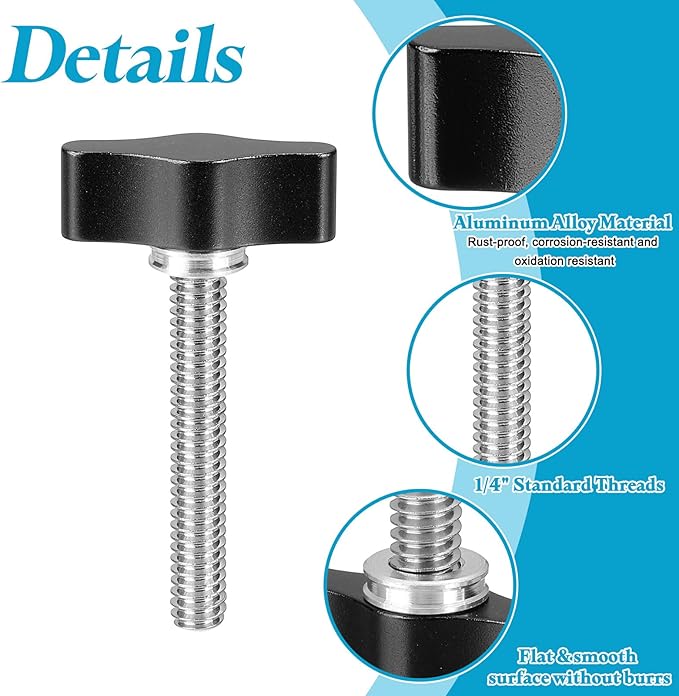 PATIKIL Clamping Screw Knob 1/4" x 2.13", 2Pcs Aluminum Alloy t Shaped Camera Thumb Screws for DSLR Flash Bracket Light Stand Adapter Action Sports Camera Mounting System, Black