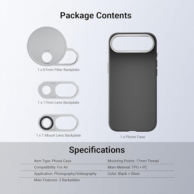 NEEWER Phone Case for Air Only, Modular Protective TPU/PC Phone Cover with 67mm Filter Ring, 17mm Lens Backplate, T Mount Lens Adapter Compatible with Moment MagSafe iPhone Air, PA162 (Black + Silver)