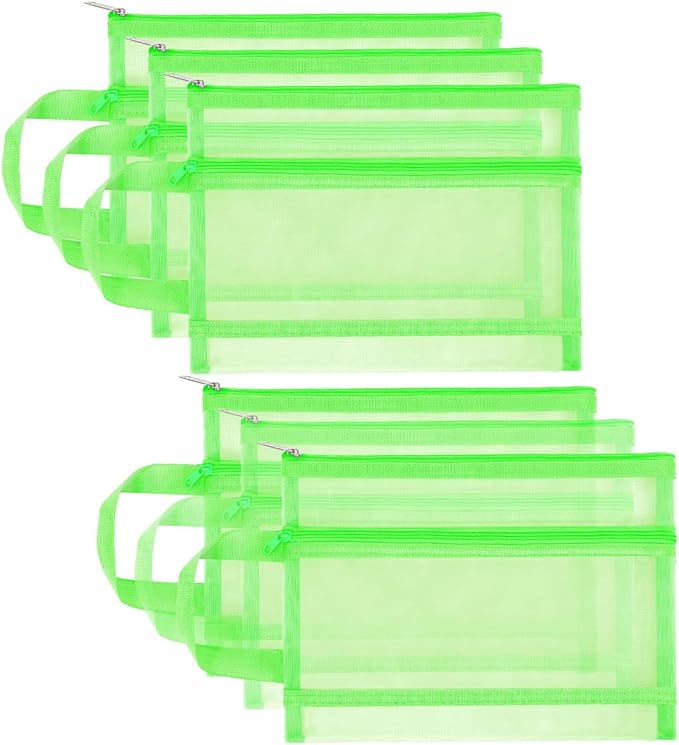 Fassave 6 Pack Mesh Zipper Pouch Bags, Double Layer Nylon Pouch with Handle for Office Travel Organization (Green, A5)