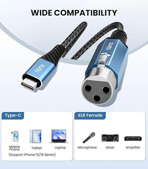 Tisino XLR to USB C Microphone Cable, Upgraded Hi-Fi Audio Recording Cable USB C Microphone Cable for Dynamic Microphones/Recorder/Laptop/Tablet, 2m/6.6ft
