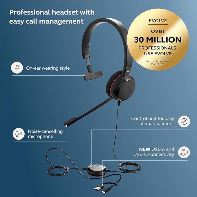 Jabra Evolve 20 Wired Headset (2025 Edition) - Single-Ear Set for Office and Work from Home - Call Control - Certified for MS Teams - USB-C/A Connectivity - Black