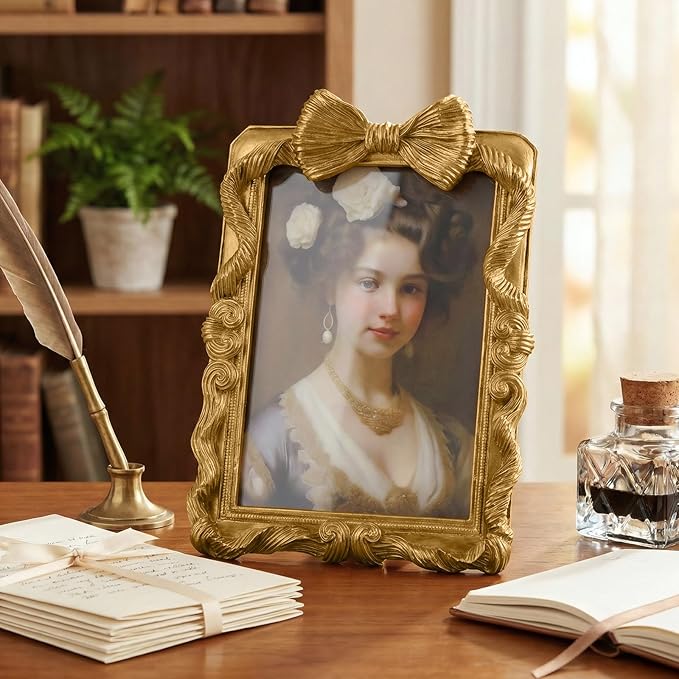 Cuspin 5x7 Picture Frame Gold Bow Frames, Vintage 5 by 7 Photo Frame with Bowknot Design, Ornate Handcrafted Resin Antique Frame with Glass Front for Wall and Tabletop Display, Home Decor, Gift Ideas