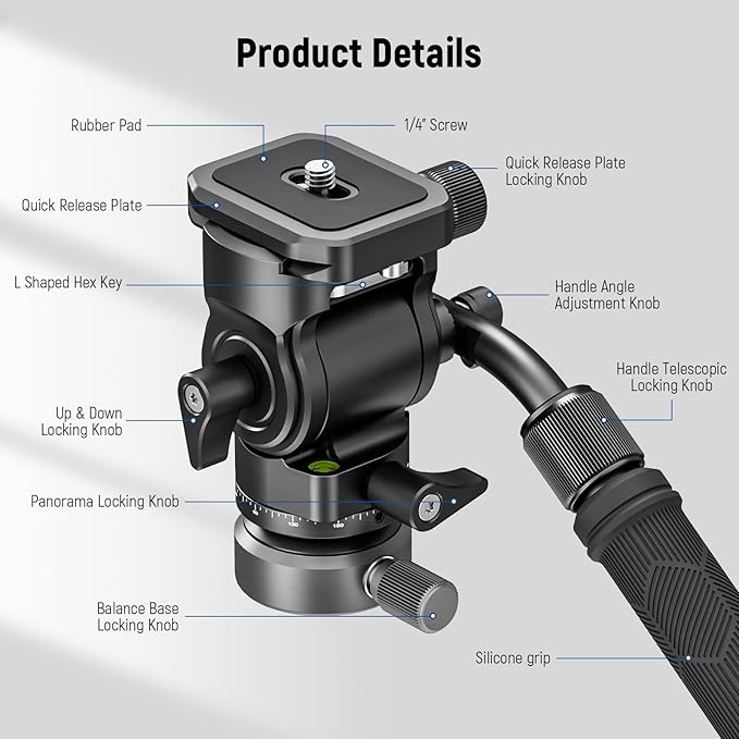 NEEWER Tripod Fluid Head with +/-10° Leveling Base(37mm Dia.), Metal Pan Tilt Head with Arca Type QR Plate, Telescopic Handle for Compact Video Camera DSLR Camera, Max Load 8.8lb/4kg, GM27