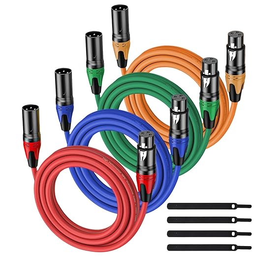 XLR Cable 10FT 4Pack 4 Colors (Red, Orange, Green, Blue)- Premium Balanced Microphone Cable 3-Pin XLR Male to Female Mic Speaker Cable, Pure Copper and Plated Conductors