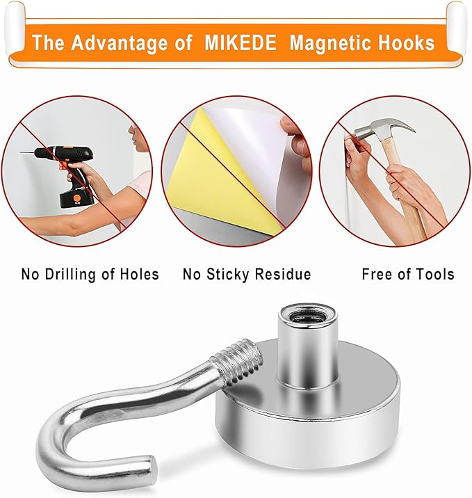 MIKEDE Magnetic Hooks, 30Lbs+ Strong Magnetic Hooks Heavy Duty for Cruise Cabins, Super Hanging Hooks Neodymium Magnets with Hook for Fridge, Grill, Toolbox, Storage, Pack of 4