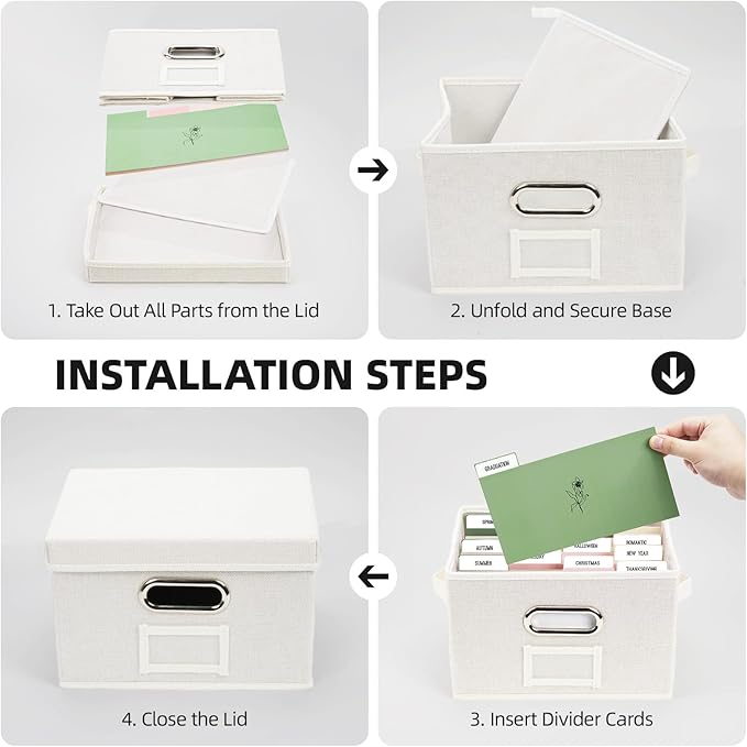 Hiwhy Greeting Card Storage Box, Linen Storage Box with 32 Adjustable Dividers, 168 Labels, 2 Marker Pen, Perfect for Organizing Greeting Cards, Envelopes, Photos 2 Pack Ivory