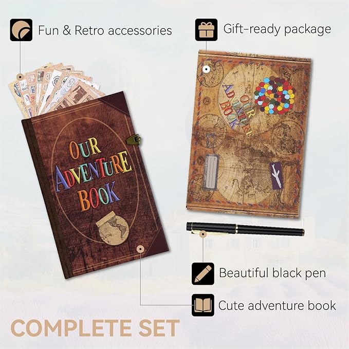 Our Adventure Book Travel Scrapbook Journal Notebook, 160Pages Scrap Book Photo Albums, Faux Leather Journaling Diaries, Scrapbooking Gifts Set With Pen and Stickers for Anniversary Wedding Office