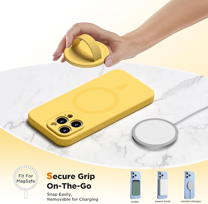 Upgraded Magnetic Phone Grip, Liquid Silicone Soft and Portable, Removable Finger Loop Ring Grip Holder for iPhone, Strong Magnetic Attraction, Compatible with MagSafe Phone Case, Yellow