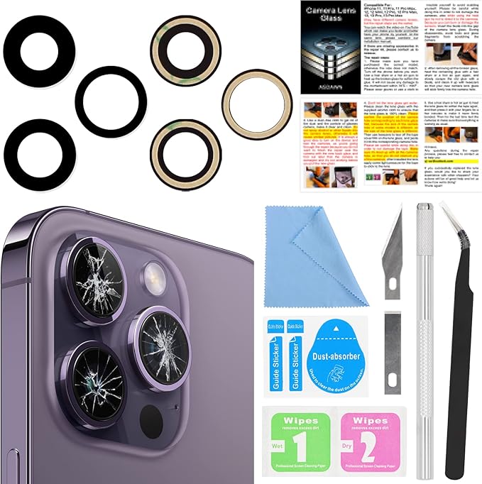 ASDAWN Back Rear Camera Lens Glass Replacement for iPhone 14 Pro 6.1 Inches with Pre-Installed Adhesive, ASDAWN Back Camera Lens Glass kit with Installation Manual + Repair Tool Set