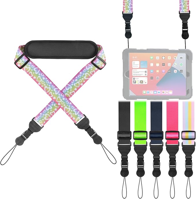 Universal Shoulder Strap, Neoprene Padded Bag Strap with Double Adjustable Buckles, Comfortable Neck Lanyard for Camera, Cellphone Tablet,iPad, Laptop, Binocular, Luggage Bag(Rainbow Heart)