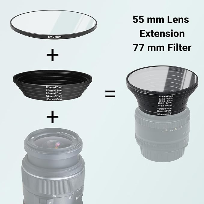 18-Piece Filter Ring Adapter Set - 9X Step-Up Rings and 9X Step-Down Rings for Lens Filters, Lens Hoods, and Lens Converters - Includes 4X Microfiber Cleaning Cloths (7x6 Inches)