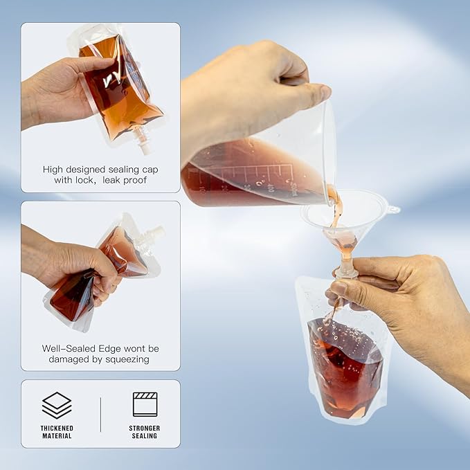 60PCS 13OZ Plastic Drinking Flasks,Spouted Pouches with Funnel,Reusable Drink Bags for Liquid Beverage Juice,Leak-Proof Food Grade for Travel Outdoor Sports Concert Cruise Events