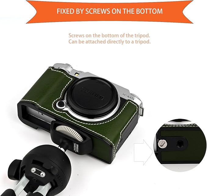 Handmade Genuine Leather Camera Half Case for Fujifilm X-M5/Fujifilm X-M5 Camera Case/Fujifilm X-M5 Case - Top Layer Cowhide Body + Metal Base Plate (Green M-Box)