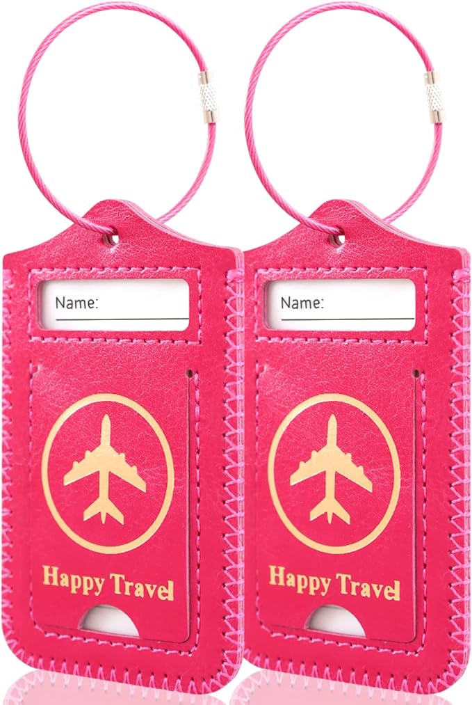 Luggage Tags, ACdream Leather Case Luggage Bag Tags Travel Tags 2 Pieces Set, Pink