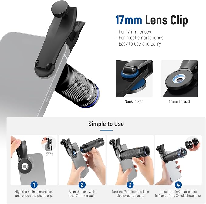 NEEWER 7X Telephoto Lens with Phone Camera Lens Clip, Detachable 10X Macro for 17mm Threaded Backplate/Phone Cage/Case Compatible with iPhone Samsung, LS-36 Ultra