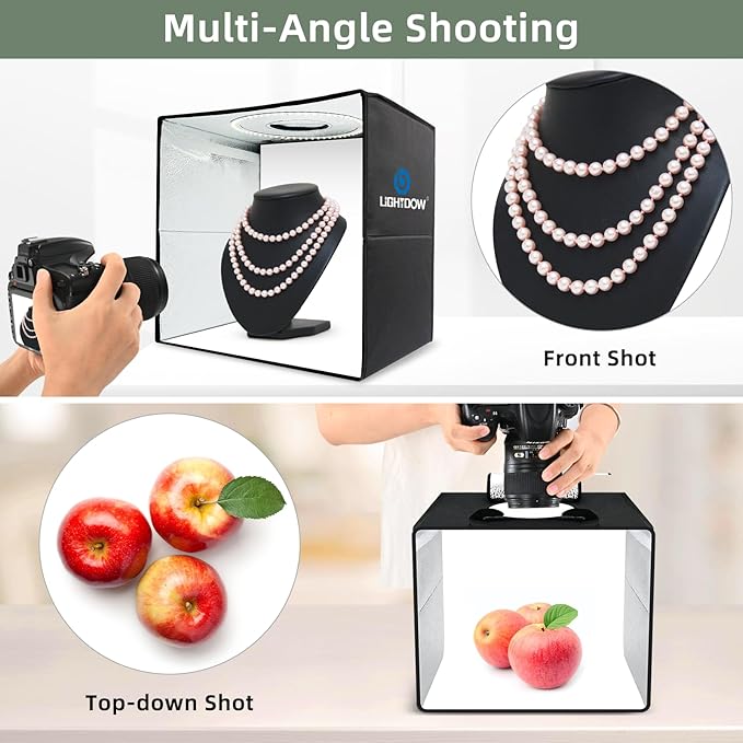 Lightdow 16"x16"x16" Photo Studio Light Box Photography with 180 LEDs (CRI>95) & Type-C Cable(18W), 6 Backdrops - Dimmable Shooting Tents[Light Box pkg. lacks Type-C Plug. Add manually.]