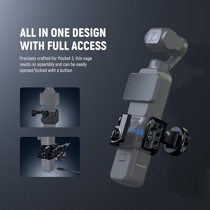 NEEWER Pocket 3 Cage, Aluminum Alloy Gimbal Video Recording Rig with Action Camera Extension Adapter 1/4" Threads Cold Shoe Compatible with DJI Osmo Pocket 3 Creator Combo, No Assembly Needed, AC009