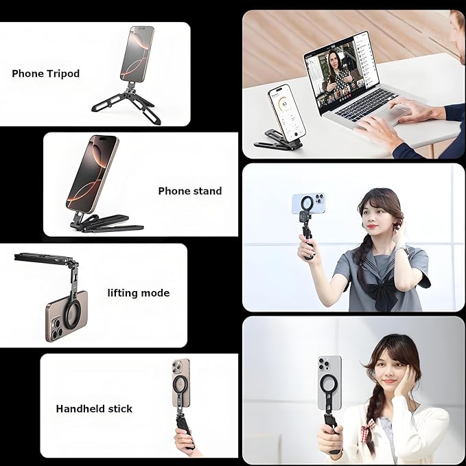 Magnetic Phone Tripod for iPhone 16/15/14/13/12 Plus Pro Max Series,Aluminium Mini Magsafes Tripod for iPhone & Magsafes,Double-Sided Design,1/4" Screw,Cold Shoe Interface,Arca Swiss Base