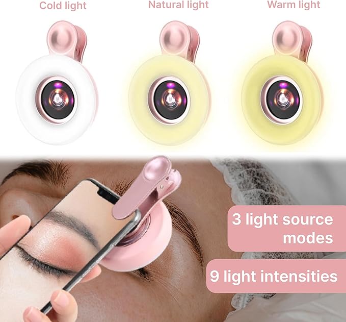 Portable Phone Camera Lens Accessories for Macro Shooting - Wide Angle Pink Macro Lens for iPhone - Camera Attachment for Cell Phone for Girls with Dimming Ring Light and Сonvenient Clip-on