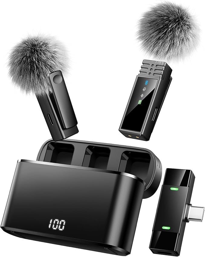 Wireless Lavalier Microphone for iPhone 15/16/17/Android, Lapel Mic with All-in-One 24H Charging Case, Noise Reduction, USB C Plug & Play Clip Mic for Video, Interview, YouTube, TikTok, Podcast, Vlog