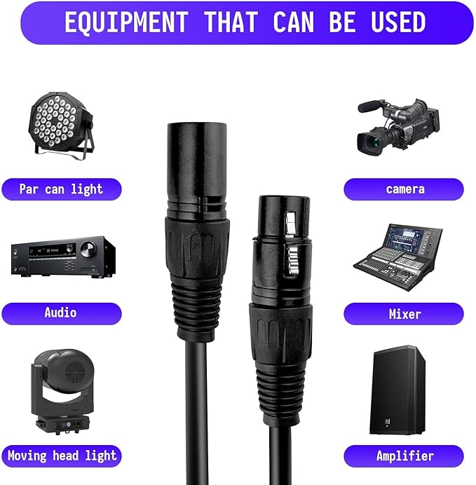 DMX Cable 10 ft, 6 Pack Flexible 3 Pin DMX Cable Pack XLR Male to Female Lighting Wire Cable for Stage Lighting Signal XLR Connection Stage Light Cables for Stage Lighting Input & Output